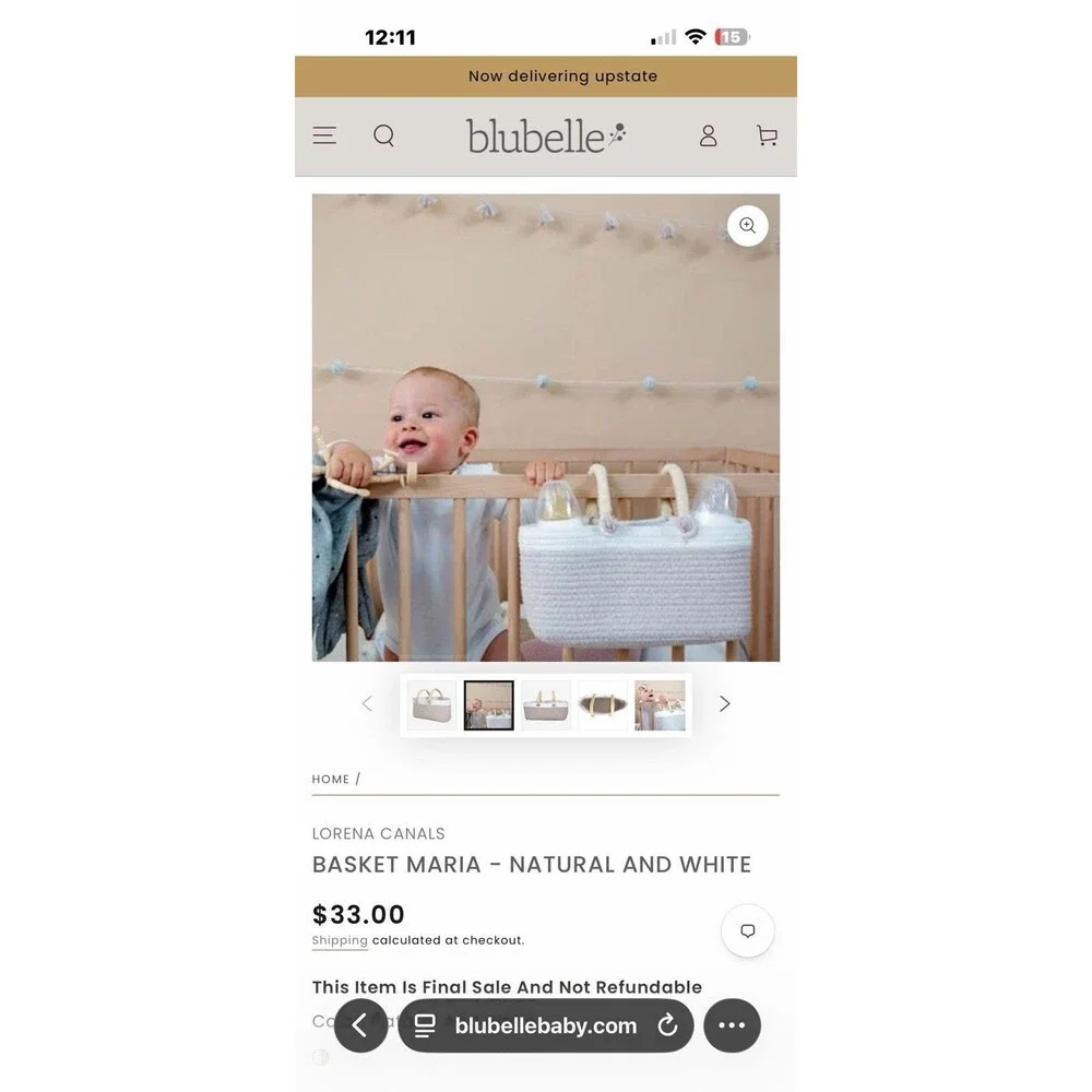 Lorena Canals Basket Maria - Natural & White - Can Hang Off Side Of The Crib NWT